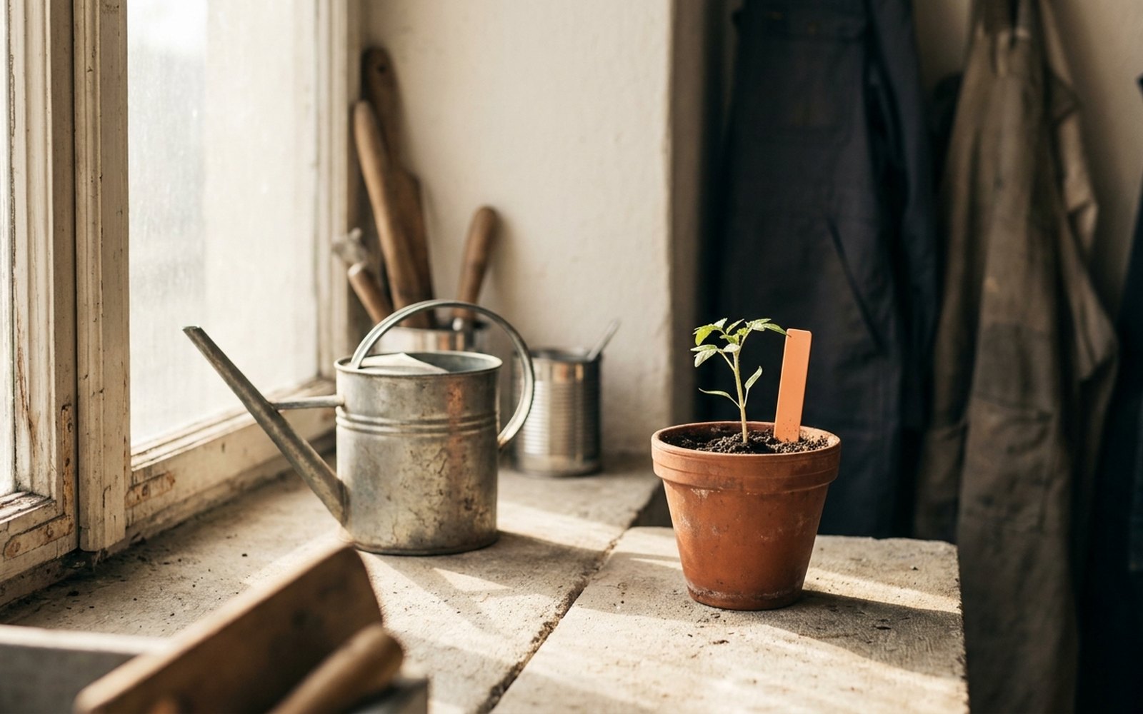Young seedling in a terracotta pot on a windowsill, a watering can beside it and an orange plant label in the soil