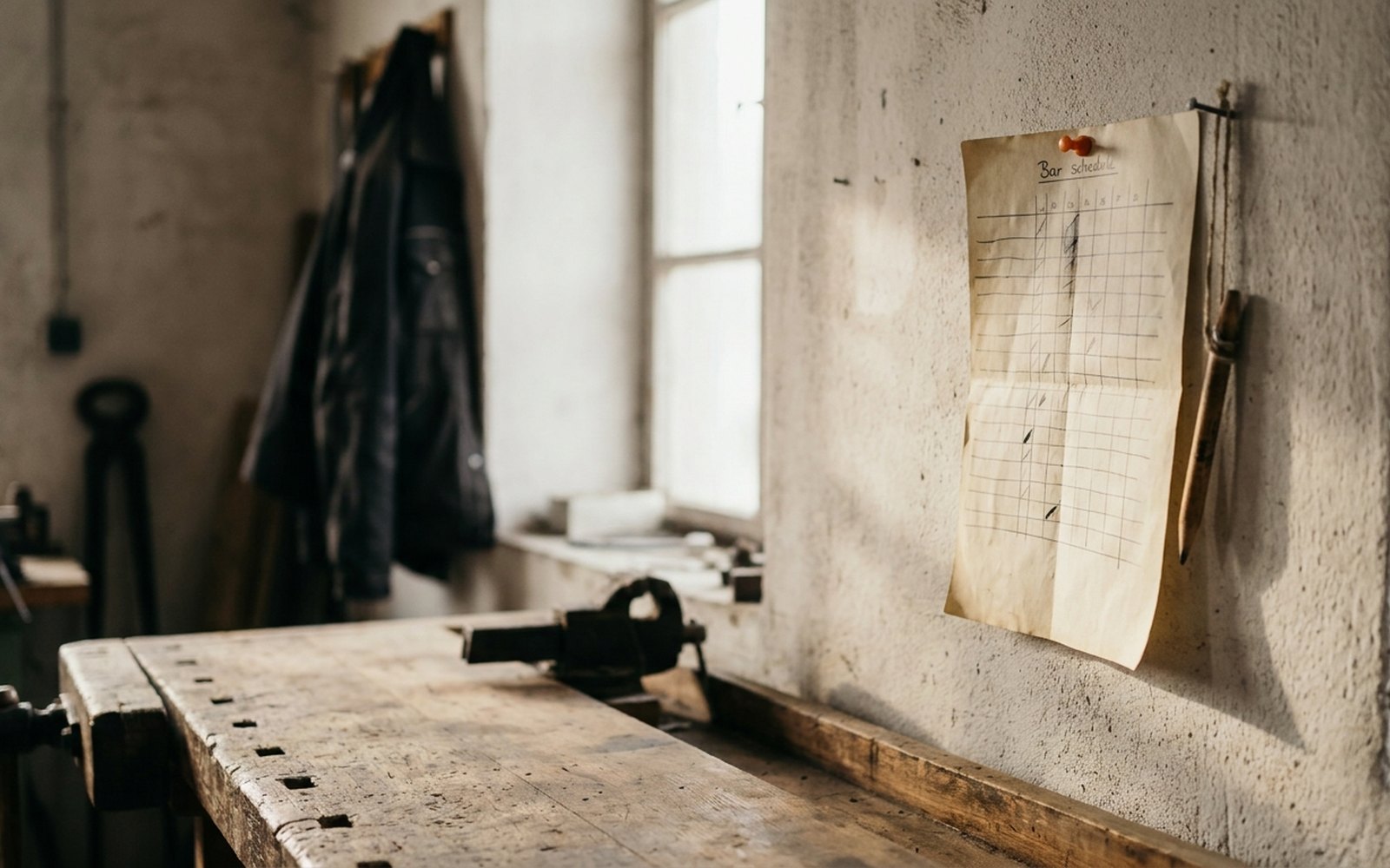 Hand-drawn bar schedule pinned to a workshop wall, a pencil on a string beside it